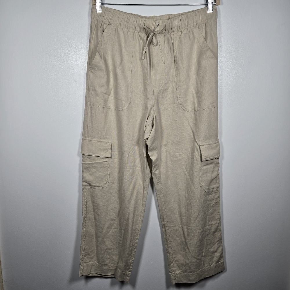 Mason & Belle Linen Blend Cream Loose Fit Cropped Wide Leg Cargo Pants Size 14